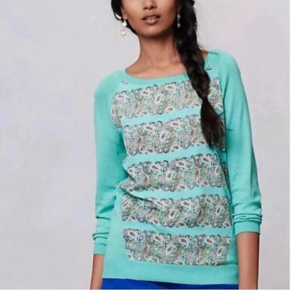 Anthropologie Moth Mint Paisley Pullover Sweater Size Small - Picture 3 of 7